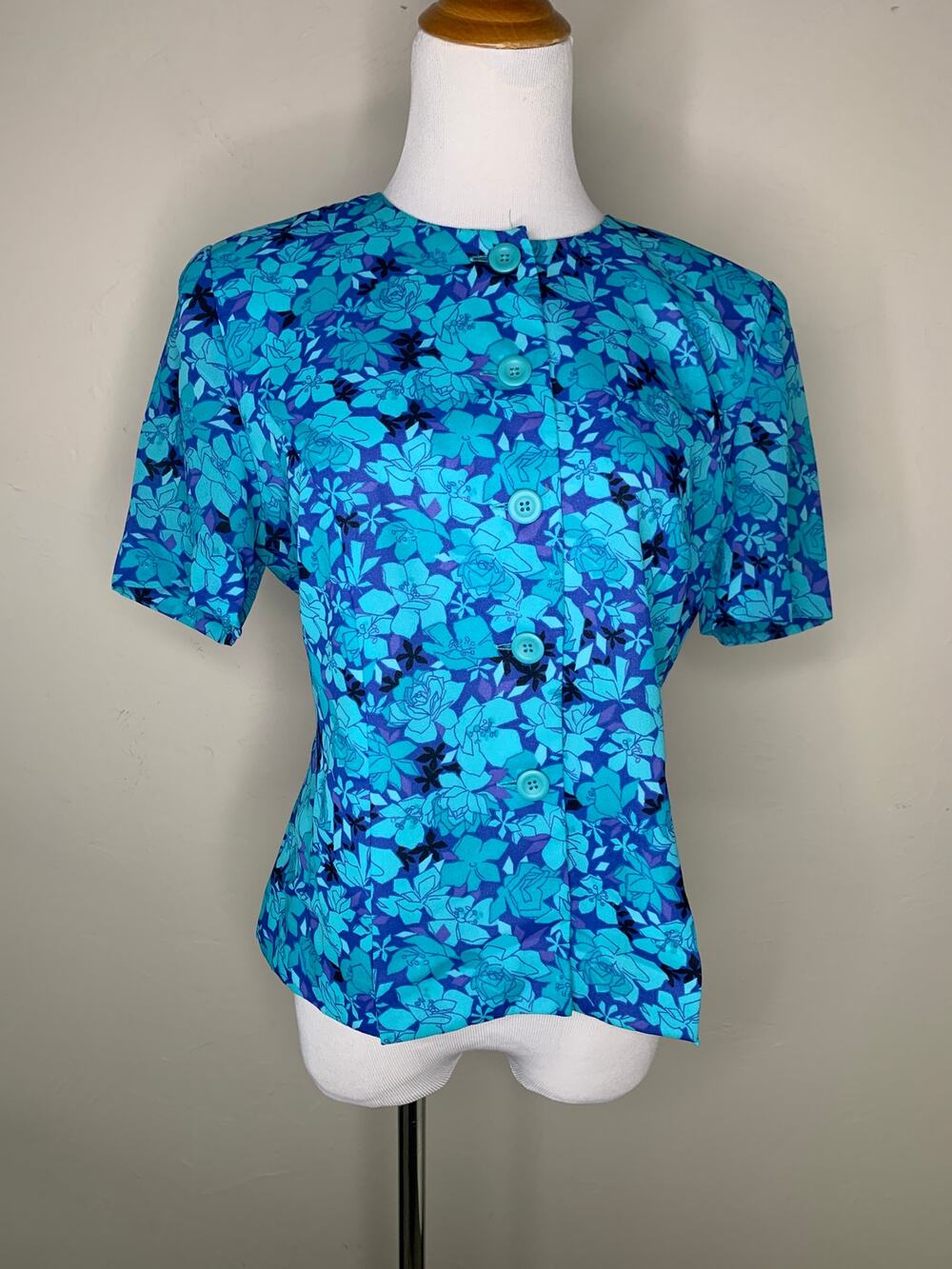 Vintage Leslie Fay Blue Teal Floral Cropped Top Blouse Sz 8 Petite